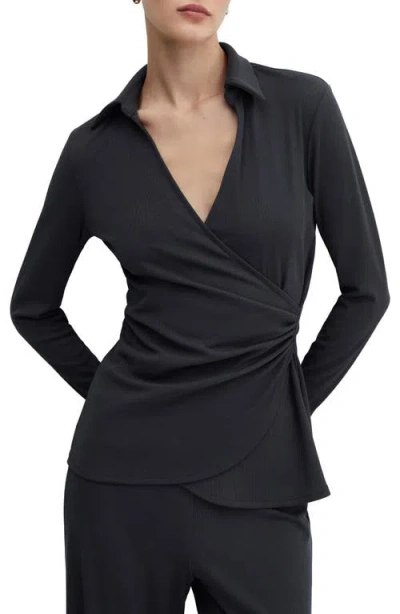 Mango Draped Detail Long Sleeve Top In Charcoal