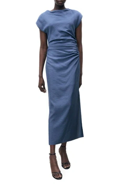 Mango Draped Dress In Indigo Blue