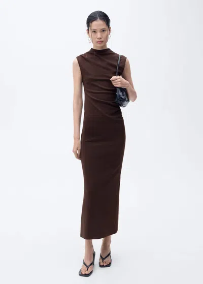 Mango Draped Dress With Perkins Collar Brown