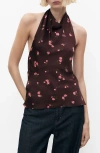 Mango Draped Floral Halter Top In Brown