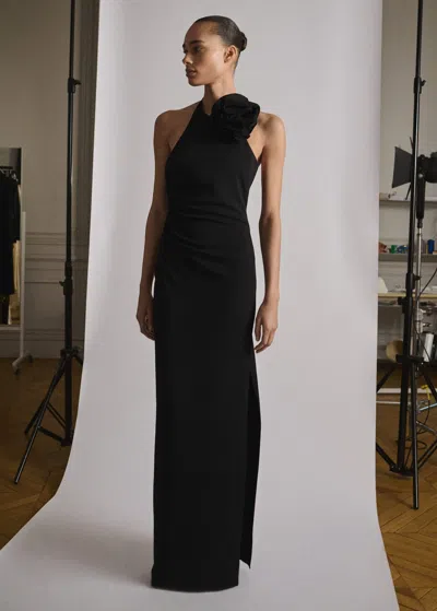Mango Draped Halter-neck Dress With Flower Motif Black In Noir