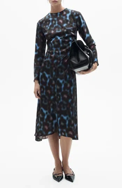 Mango Draped Long Sleeve Satin Midi Dress In Blue