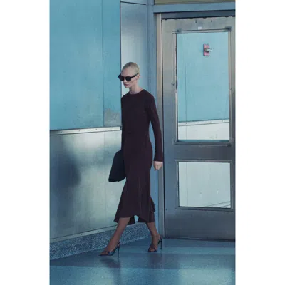 Mango Draped Waist Long Sleeve Midi Dress In Brown
