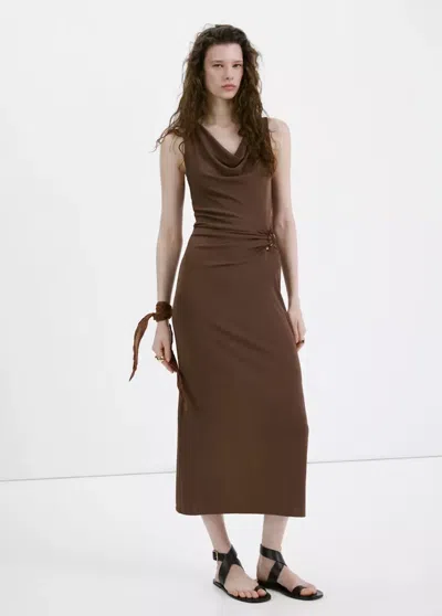 Mango Draped-neck Dress With Side Ruching In Brown