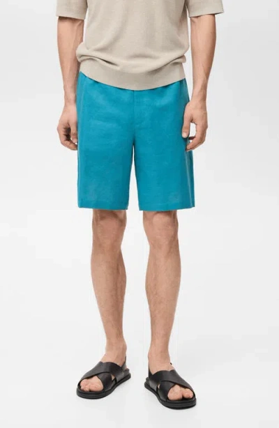 Mango Drawstring Cotton & Linen Bermuda Shorts In Blue
