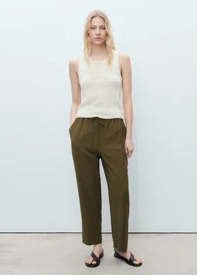 Mango Drawstring Flowy Trousers Khaki