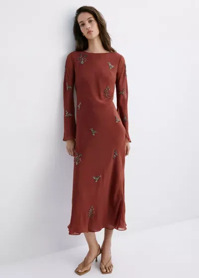 Mango Dress With Embroidered Crystals And Flared Sleeves In Brown