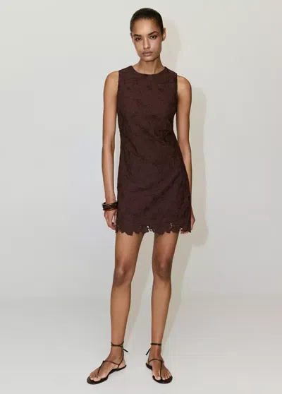 Mango Dress With Floral Openwork Embroidery In Brown