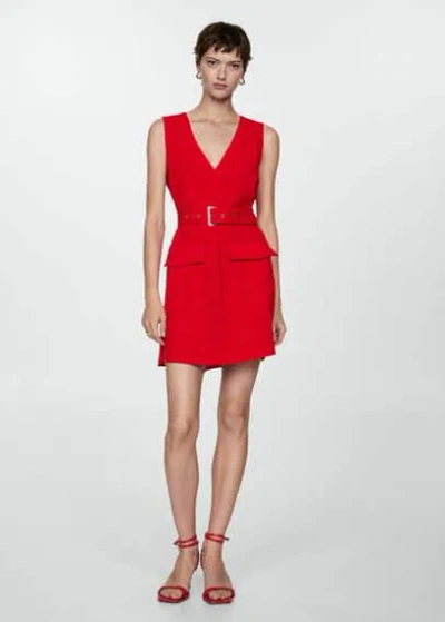 Mango Robe Poches Ceinture In Rouge