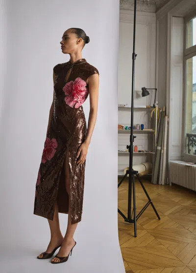 Mango Robe Motif Fleuri Paillettes Marron - Femme - Xs -