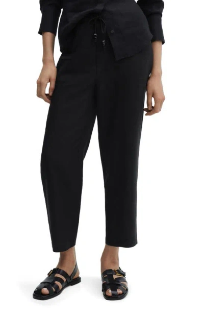 Mango Elastic Waist Crop Straight Leg Linen Pants In Black