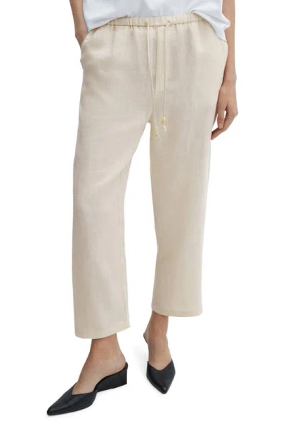 Mango Elastic Waist Crop Straight Leg Linen Pants In Ecru