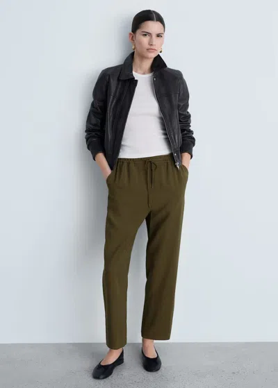 Mango Elastic Waist Flowy Trousers Khaki