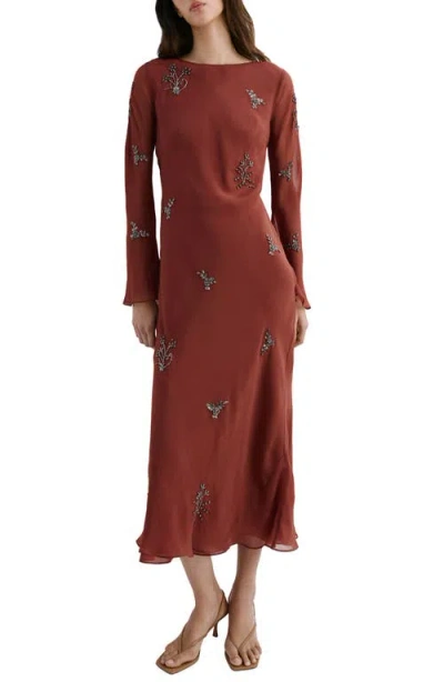 Mango Embellished Long Sleeve Midi Dress In Brown