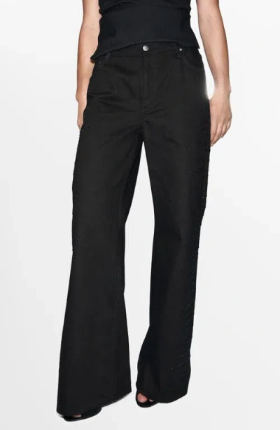 Mango Embellished Rhinestone Wide Leg Jeans In Black