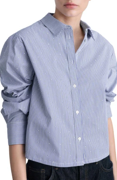 Mango Embellished Stripe Cotton Blend Button-up Shirt In Sky Blue