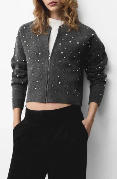 Mango Embellished Zip-up Cardigan In Light Heather Grey
