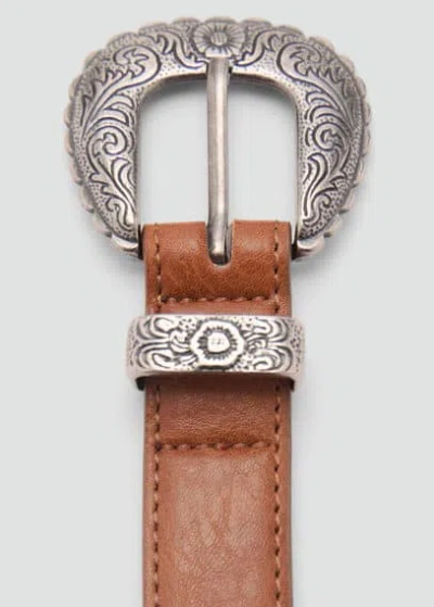 Mango Embossed Buckle Belt Brown