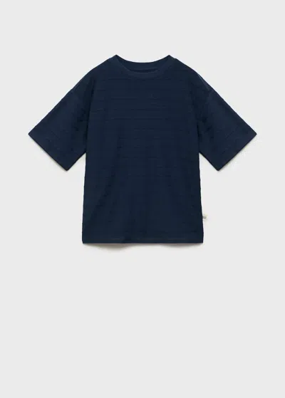 Mango Kids' Embossed Striped Cotton T-shirt Dark Navy