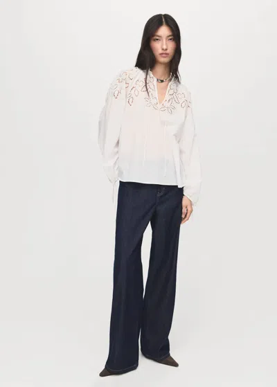 Mango Embroidered Blouse With Bows Ecru In Sand