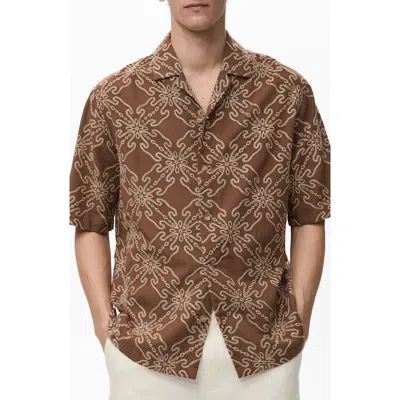 Mango Embroidered Cotton Blend Camp Shirt In Brown
