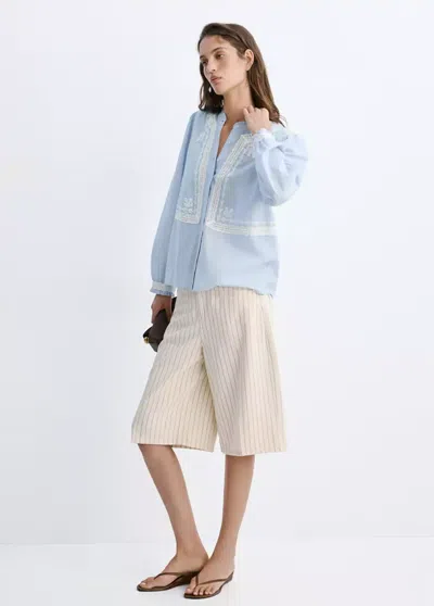 Mango Embroidered Cotton Shirt With Gathered Details In Multi