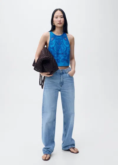 Mango Top Brodé En Coton Bleu - Femme - M -