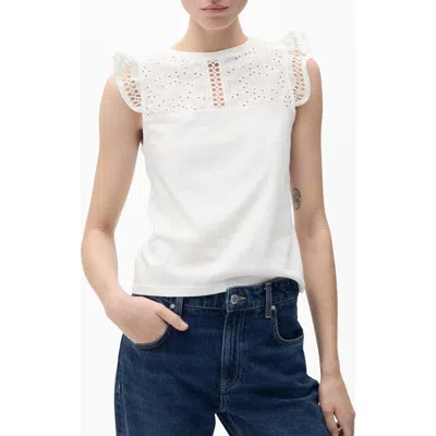 Mango Embroidered Eyelet Accent Cotton Top In White