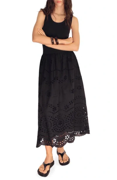 Mango Embroidered Eyelet Detail Mixed Media Cotton Blend Dress In Black