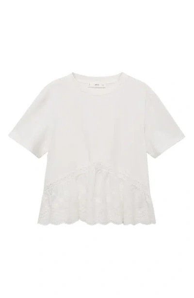 Mango Embroidered Eyelet Hem Cotton T-shirt In White