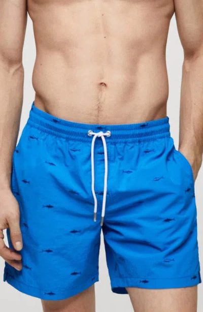 Mango Embroidered Fish Swim Trunks In Sky Blue