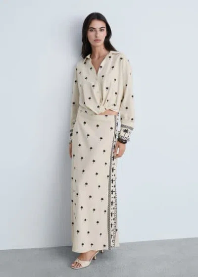 Mango Embroidered Flared Skirt Beige