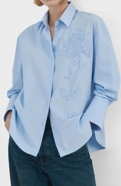 Mango Embroidered Floral Button-up Shirt In Blue