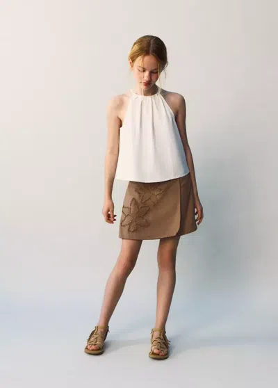 Mango Kids' Embroidered Floral Skirt In Brown