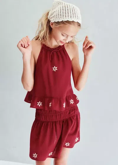 Mango Kids' Embroidered Floral Skirt In Burgundy