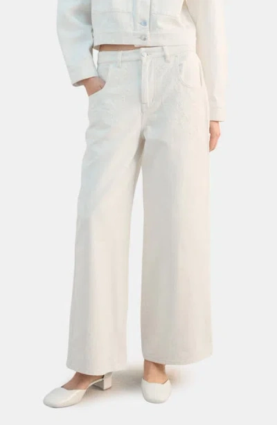 Mango Embroidered High Waist Wide Leg Jeans In White