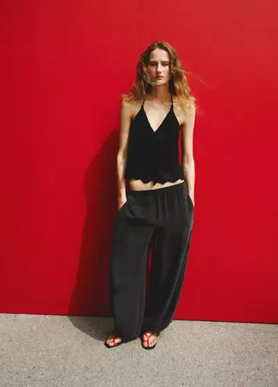 Mango Embroidered Knit Halter Top In Black