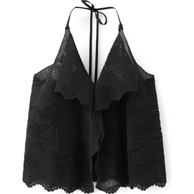 Mango Embroidered Knit Halter Top In Black