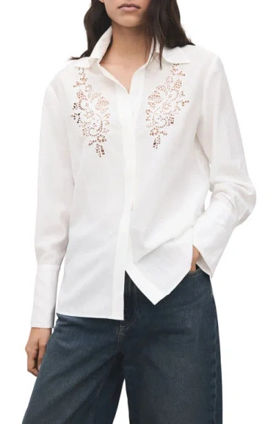 Mango Embroidered Lace Inset Button-up Shirt In White