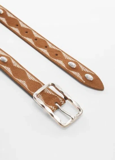Mango Embroidered Leather Belt Brown In Marron