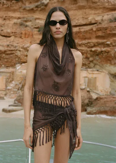 Mango Embroidered Mini-skirt With Fringe Brown