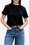 Mango Embroidered Openwork Cotton T-shirt In Black