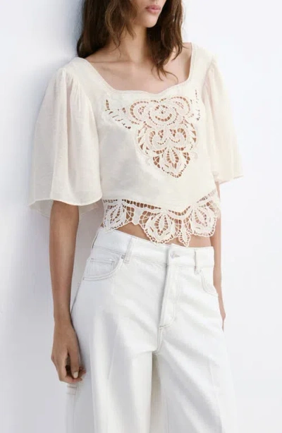 Mango Embroidered Openwork Cropped Top In White