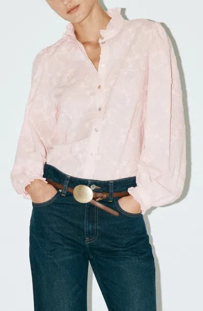 Mango Embroidered Puff Sleeve Cotton Shirt In Blue