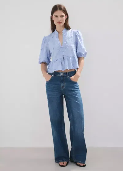 Mango Embroidered Puff-sleeve Blouse In Blue