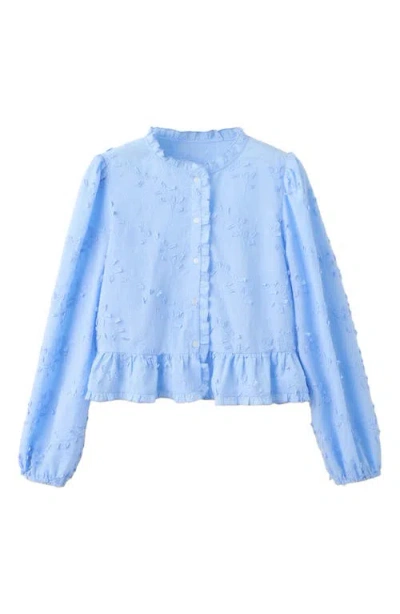 Mango Embroidered Ruffle Peplum Cotton Button-up Top In Blue