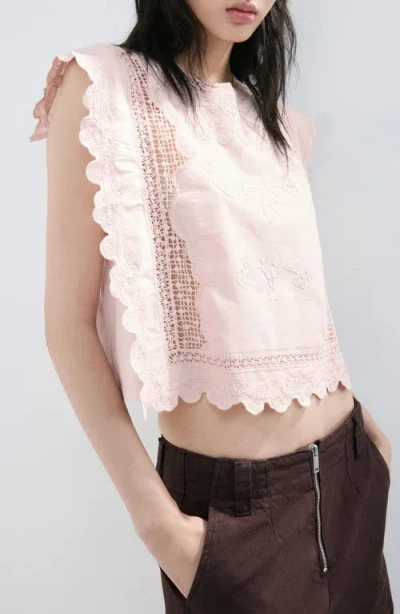 Mango Embroidered Scalloped Trim Crop Cotton Blend Top In Pink