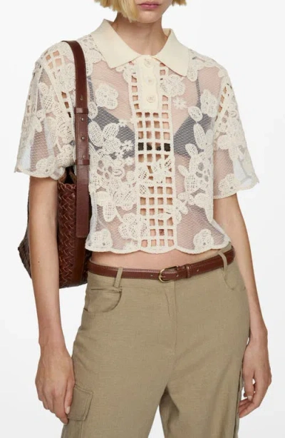 Mango Embroidered Sheer Pullover Top In Ecru