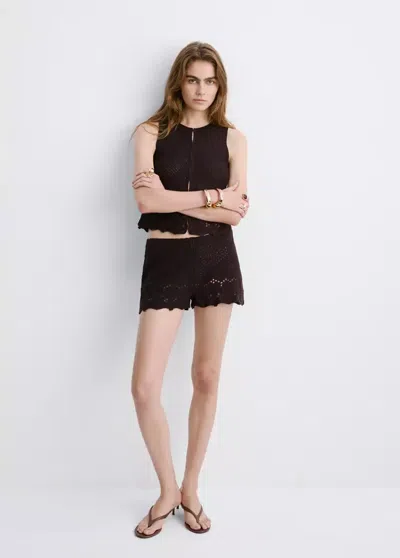 Mango Embroidered Shorts With Lace Accents In Brown