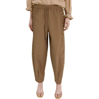 Mango Embroidered Side Stripe Cotton Drawstring Pants In Brown